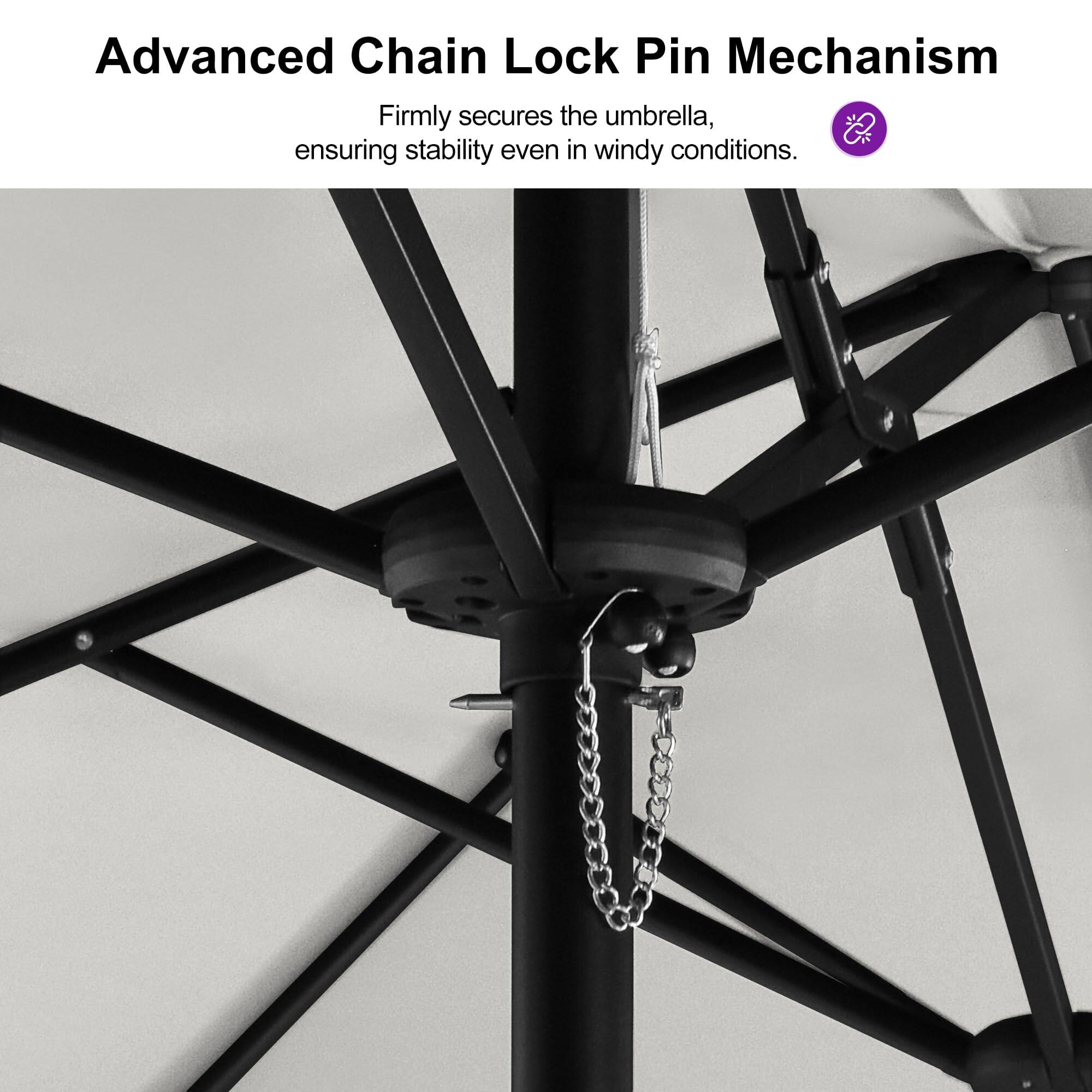 Advanced Chain Lock Pin Mechanism  
Firmly secures the umbrella, ensuring stability even in windy conditions.