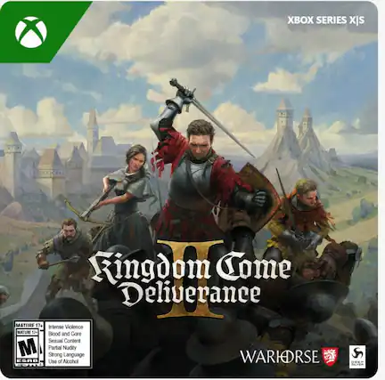 The text on the image reads: "XBOX SERIES X IS KINGDOM COME: DELIVERANCE MATURE 17+ Intense Violence, Mature 17+ Blood and Gore, Sexual Content, Strong Partial Nudity, Language, Use of Alcohol, Warhorse ESRB." - M (Mature 17+)