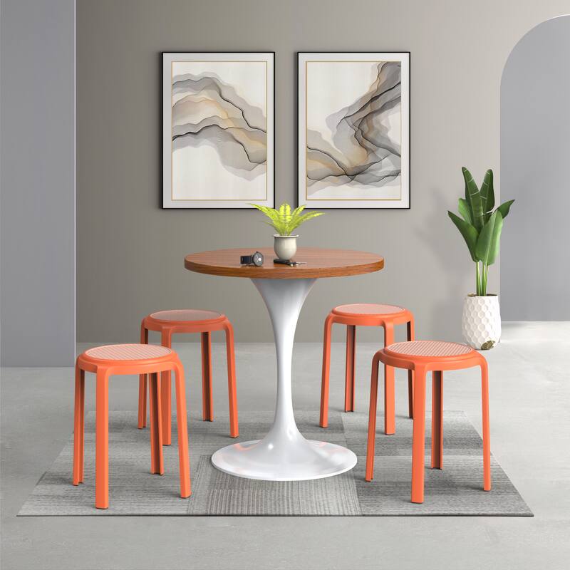 Alt View 2. LeisureMod - Tresse Stackable Round Poly Stool with Wicker Top, Modern Outdoor Counter Height Patio Barstool Set of 2 - Orange.