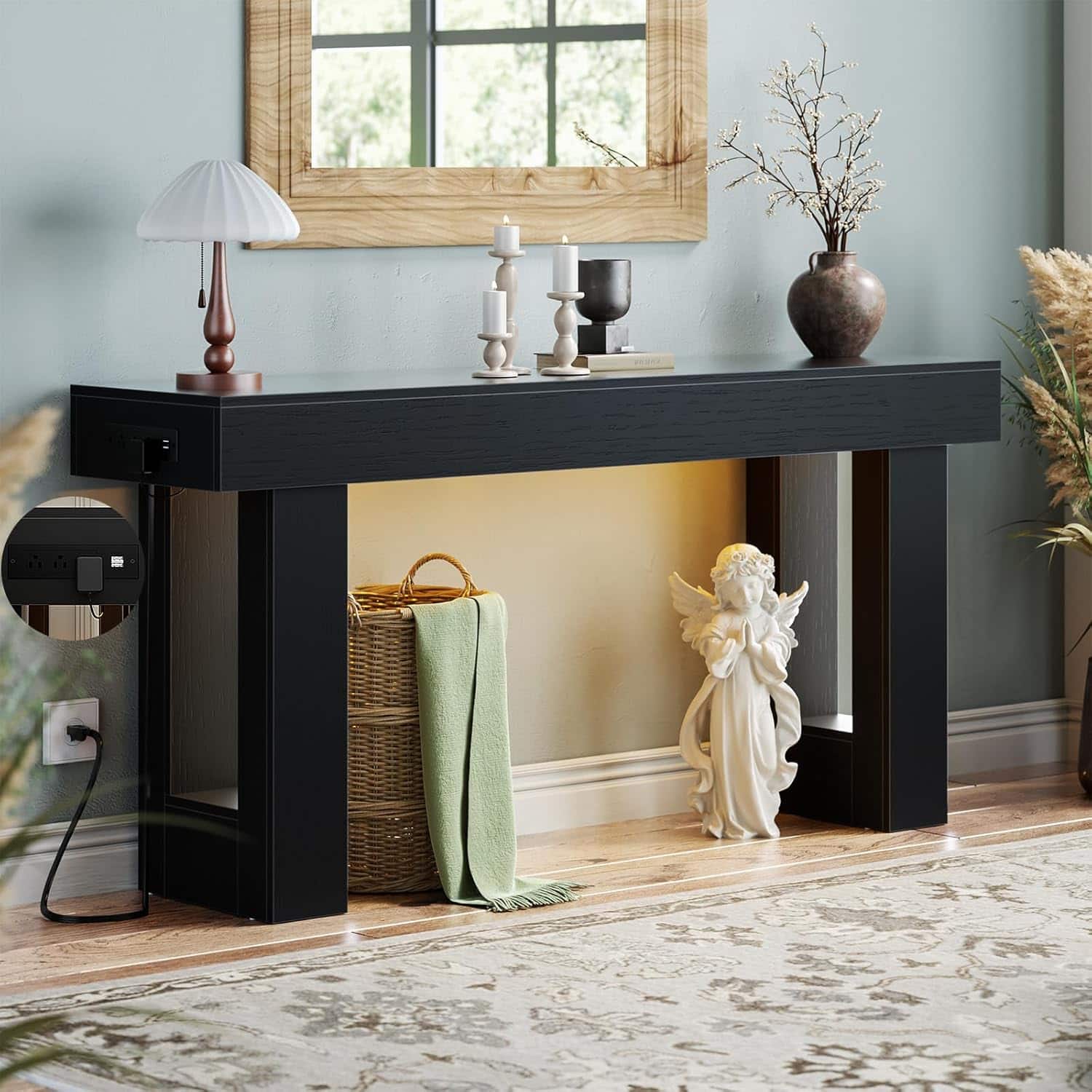 Front. Aheaplus - 63'' Console Table with Power Outlets and Sensor Lights for Living Room, Entryway, Hallway - Black.