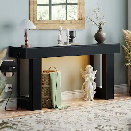 Front. Aheaplus - 63'' Console Table with Power Outlets and Sensor Lights for Living Room, Entryway, Hallway - Black.
