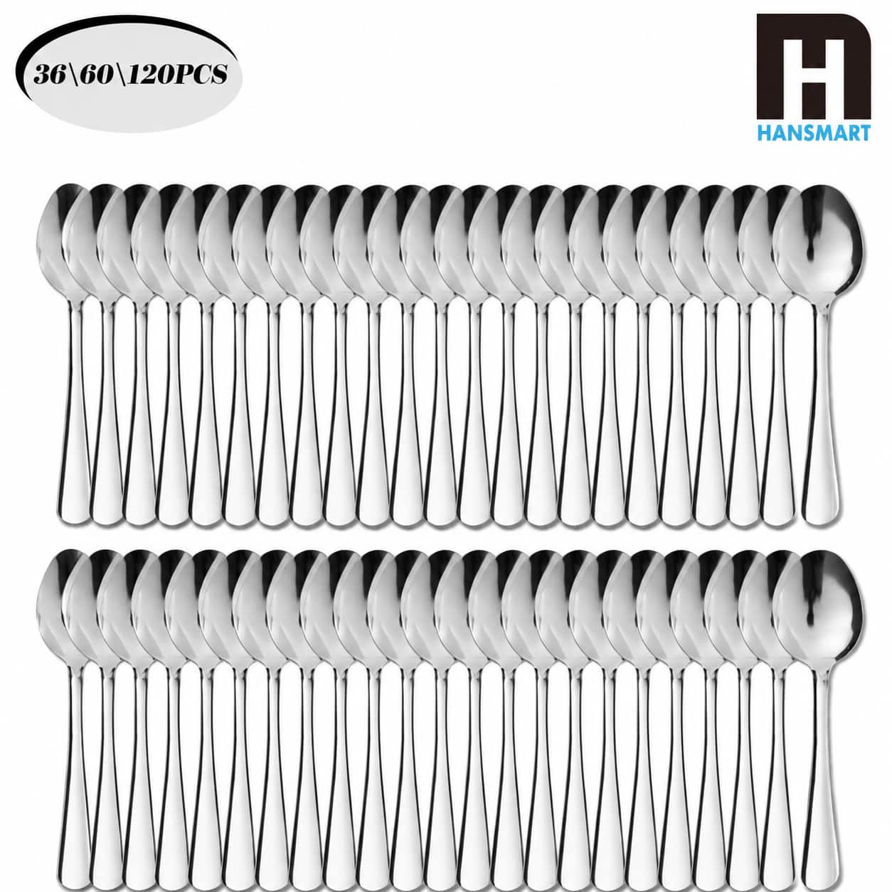 KOOMADE - Stainless Steel Dinner Spoons 36/60/120-Pack Mirror-Polished Rust-Resistant Dishwasher-Safe - Silver
