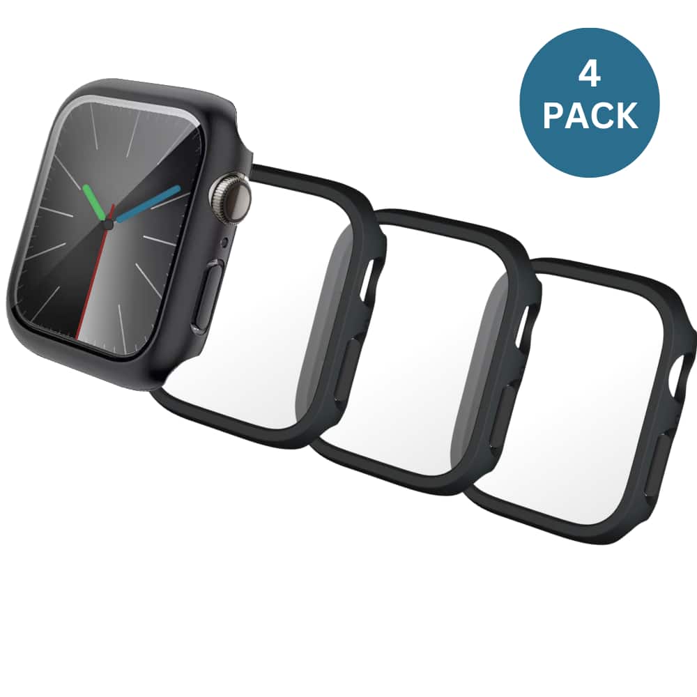 Qixxronics - 4PACK Case for Apple Watch Series 7/8/9 - 41mm, Full Cover, with Built-in Tempered Glass Screen Protector - Black
