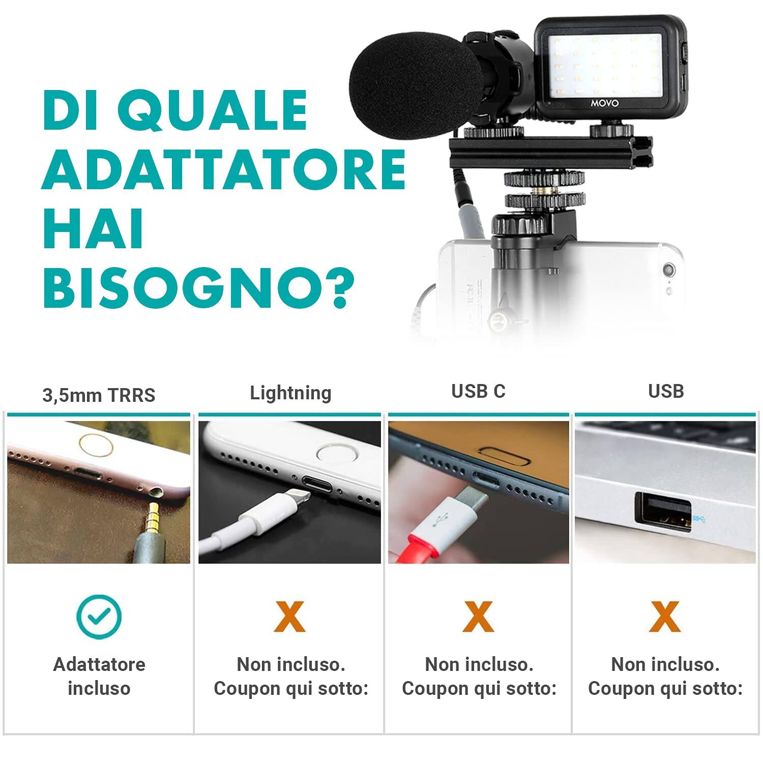 DI QUALE ADATTATORE HAI BISOGNO?

3,5mm TRRS
- Adattatore incluso

Lightning
- Non incluso. Coupon qui sotto:

USB C
- Non incluso. Coupon qui sotto:

USB
- Non incluso. Coupon qui sotto:
