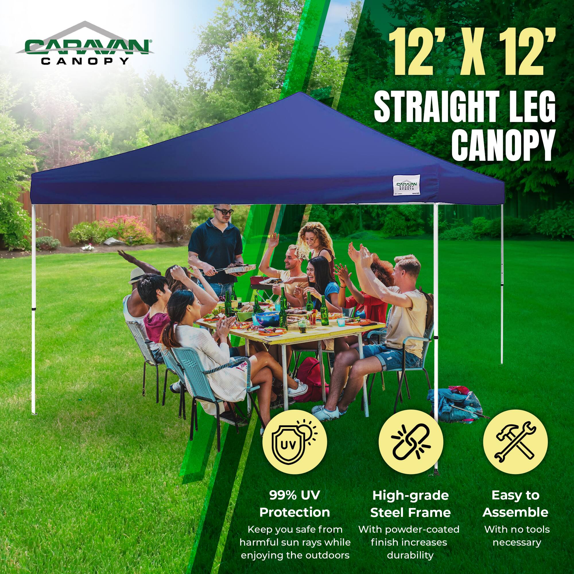 CARAVAN CANOPY 12' X 12' STRAIGHT LEG CANOPY

- 99% UV Protection: Keep you safe from harmful sun rays while enjoying the outdoors
- High-grade Steel Frame: With powder-coated finish increases durability
- Easy to Assemble: With no tools necessary