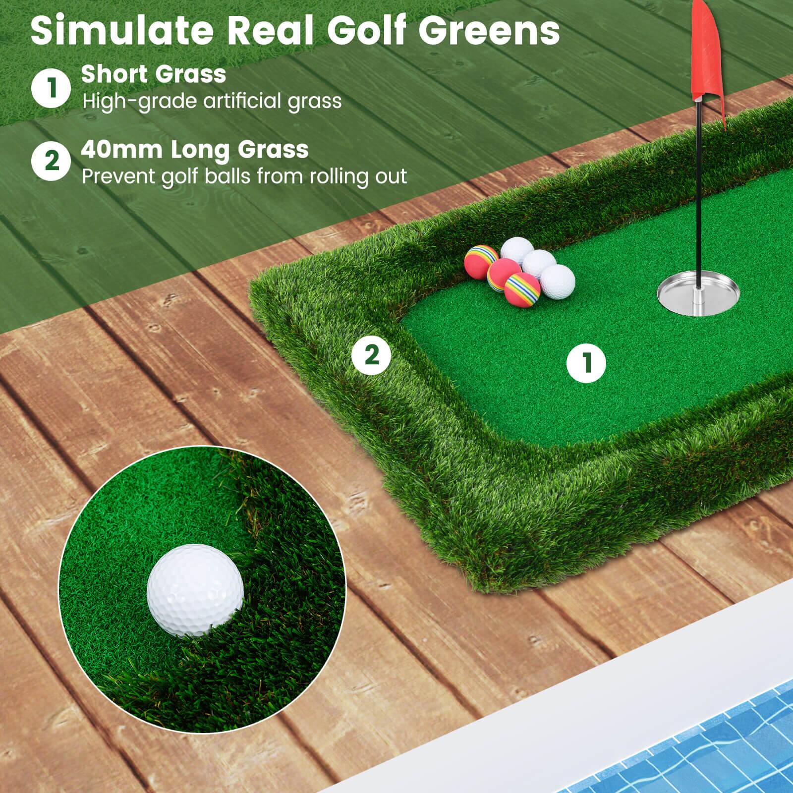 Simulate Real Golf Greens

1. Short Grass  
   High-grade artificial grass

2. 40mm Long Grass  
   Prevent golf balls from rolling out