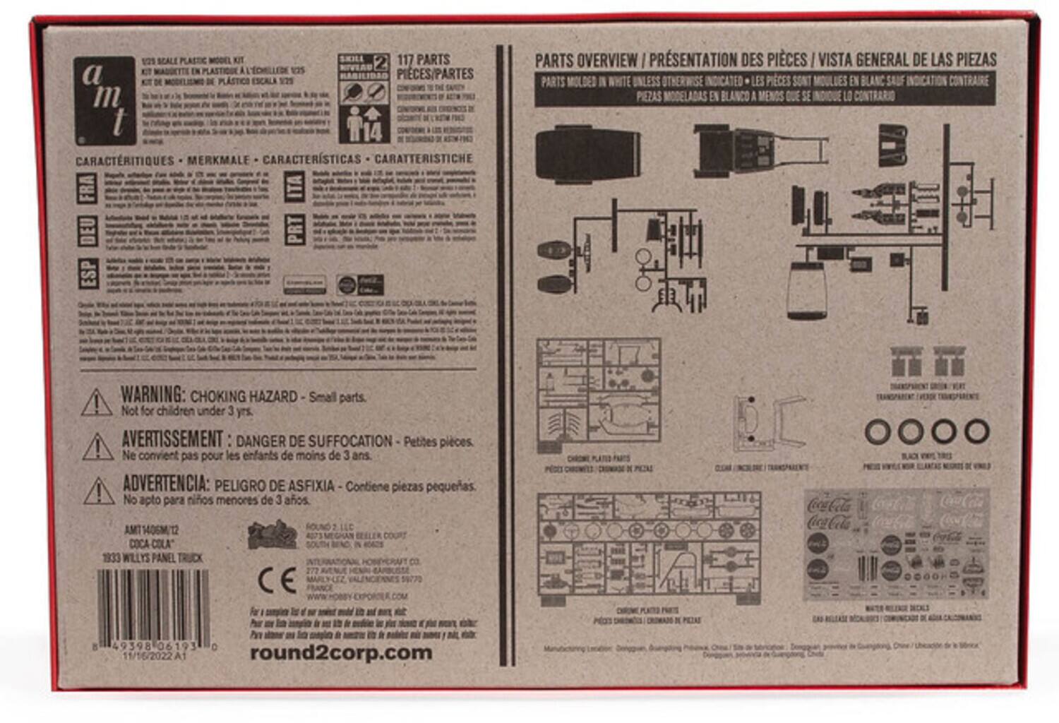 1:21 SCALE PLASTIC MODEL KIT  
117 PARTS EN PLASTIQUE  
117 PIECES/PARTES ET DE PLASTICO  

CARACTERISTIQUES - MERKMALE - CARACTERISTICAS - CARATTERISTICHE  
FR DEU ESP ITA  

PARTS OVERVIEW / PRÉSENTATION DES PIÈCES / VISTA GENERAL DE LAS PIEZAS  
PARTS MOLDED IN WHITE UNLESS OTHERWISE INDICATED  
LES PIÈCES SONT MOULÉES EN BLANC SAUF INDICATION CONTRAIRE  
PIEZAS MOLDEADAS EN BLANCO A MENOS QUE SE LO CONTRARIO  

WARNING: CHOKING HAZARD - Small parts. Not for children under 3 yrs.  
AVERTISSEMENT: DANGER DE SUFFOCATION - Petites pièces. Ne convient pas pour les enfants de moins de 3 ans  
ADVERTENCIA: PELIGRO DE ASFIXIA - Contiene piezas pequeñas. No apto para niños menores de 3 años  

11406M/12  
COLA 1933  
Coca-Cola  
Marly-le