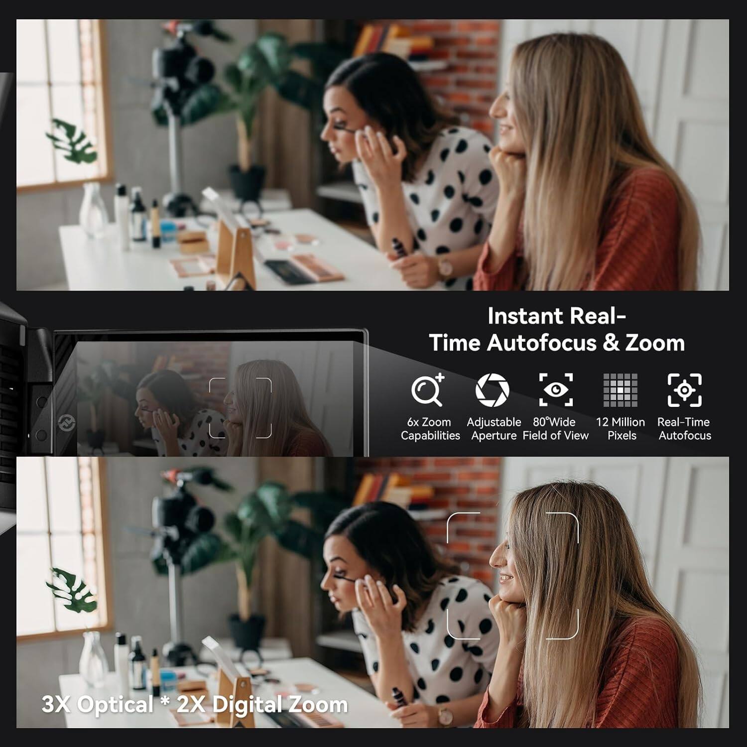 Instant Real-Time Autofocus & Zoom  
3X Optical * 2X Digital Zoom  
6x Zoom Capabilities  
Adjustable Aperture  
80° Wide Field of View  
12 Million Pixels  
Real-Time Autofocus