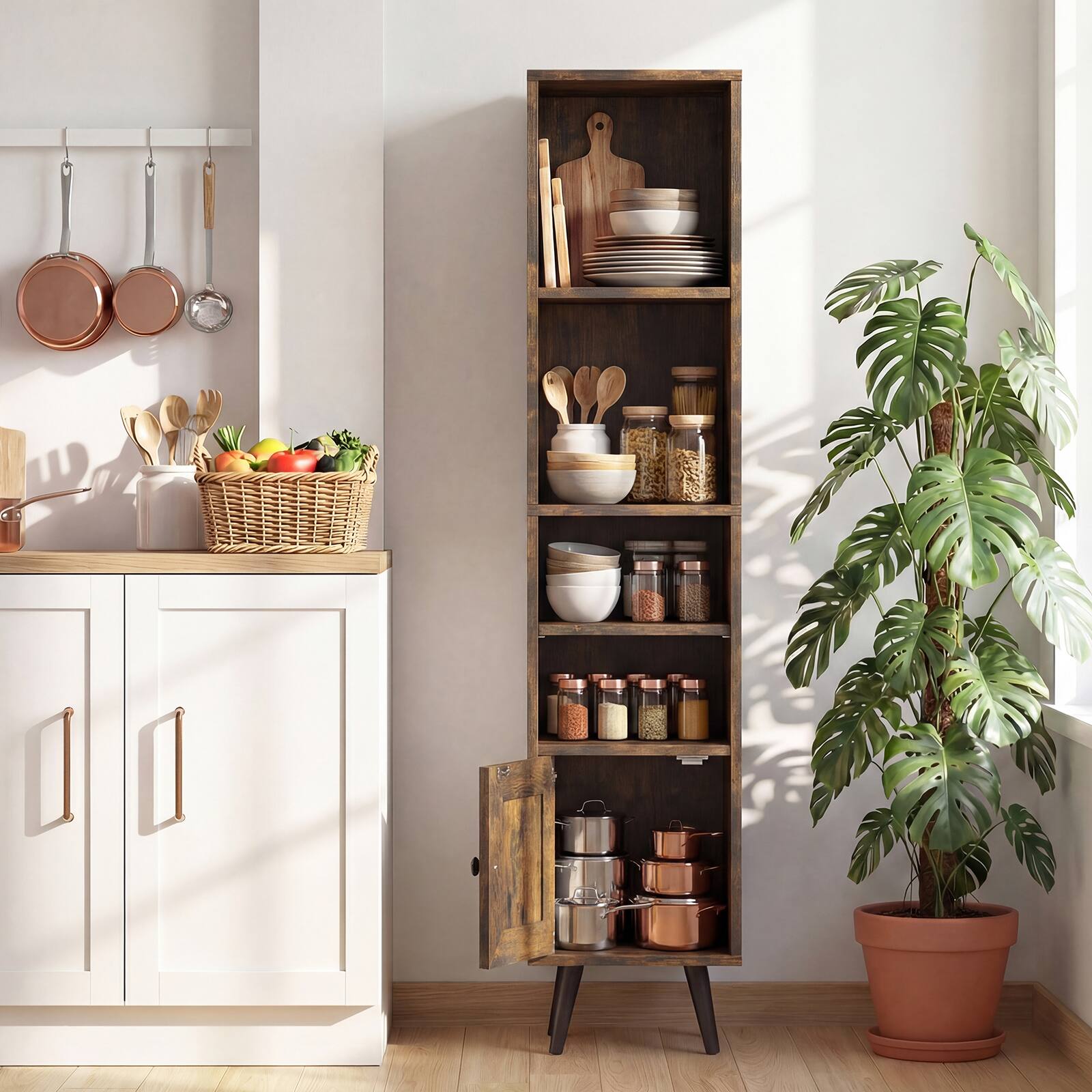 Alt View 3. Gymax - Gymax 6-Tier Tall Narrow Bookcase 54 Inches Slim Storage Cabinet w/ Adjustable Shelf - Brown.