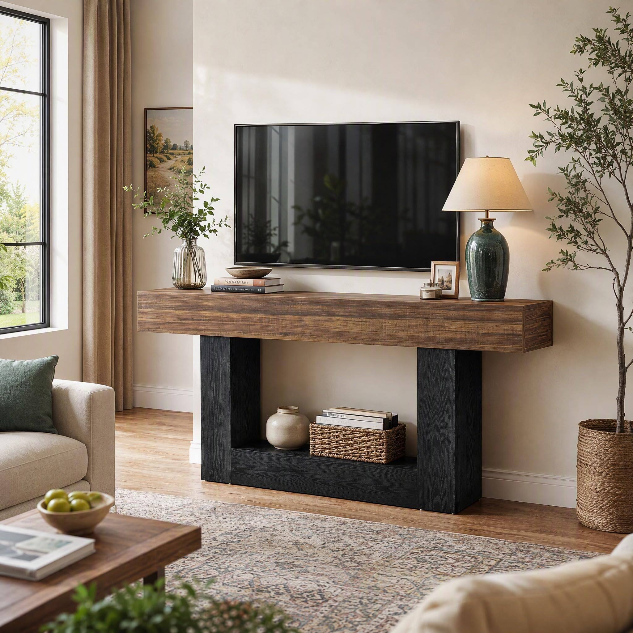 Alt View 2. Tribesigns - 63-Inch Farmhouse TV Stand with Two-Tone Wood-Grain Finish and Open Storage for TVs up to 65 Inches - Brown & Black.
