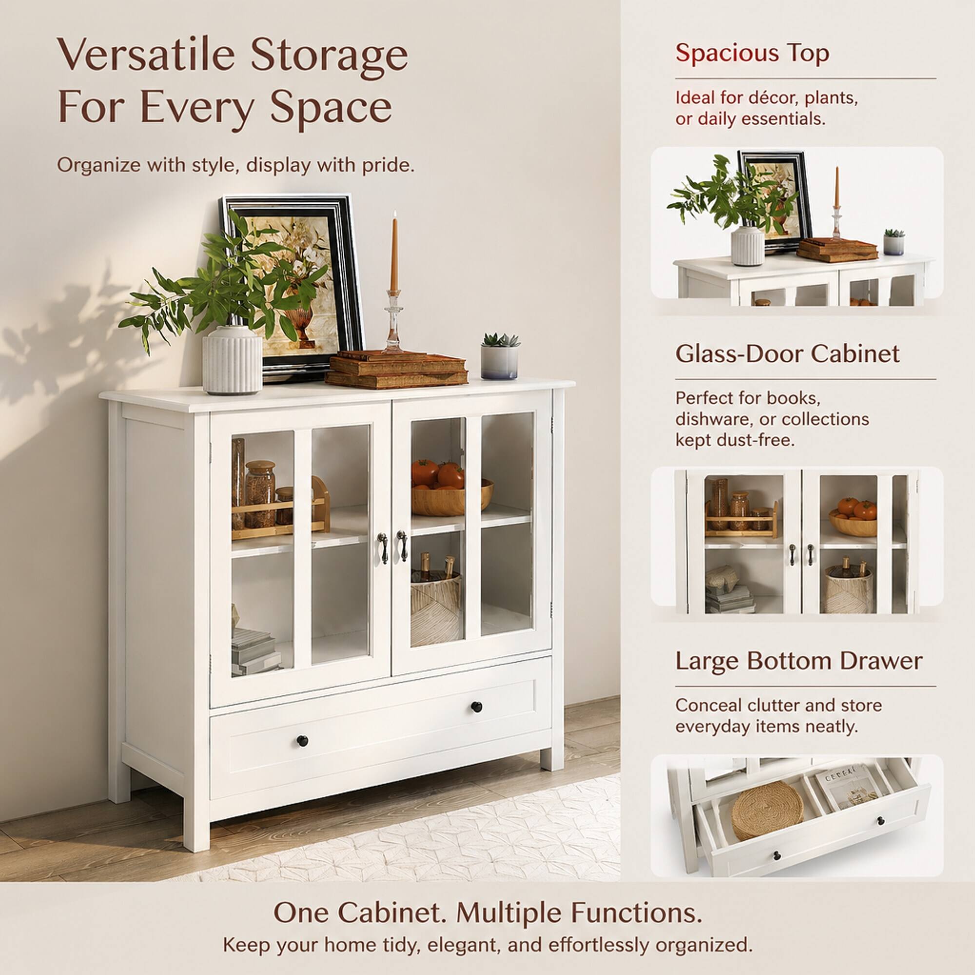 Versatile Storage For Every Space  
Organize with style, display with pride.  

Spacious Top  
Ideal for décor, plants, or daily essentials.  

Glass-Door Cabinet  
Perfect for books, dishware, or collections kept dust-free.  

Large Bottom Drawer  
Conceal clutter and store everyday items neatly.  

One Cabinet. Multiple Functions.  
Keep your home tidy, elegant, and effortlessly organized.