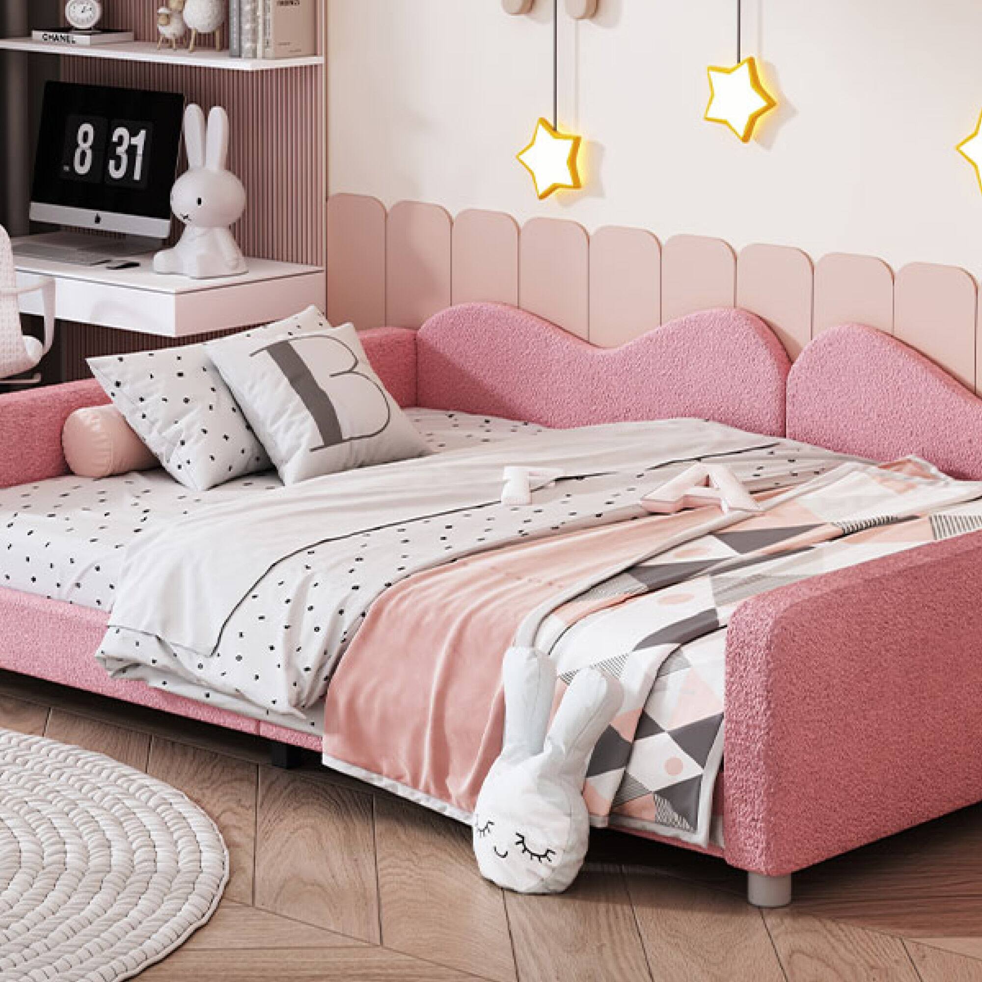 Alt View 7. GOODSILO - Full Size Upholstered Sherpa Fabric Sofabed with Cloud-Shaped Backrest Daybed No Box Spring Needed - Pink.