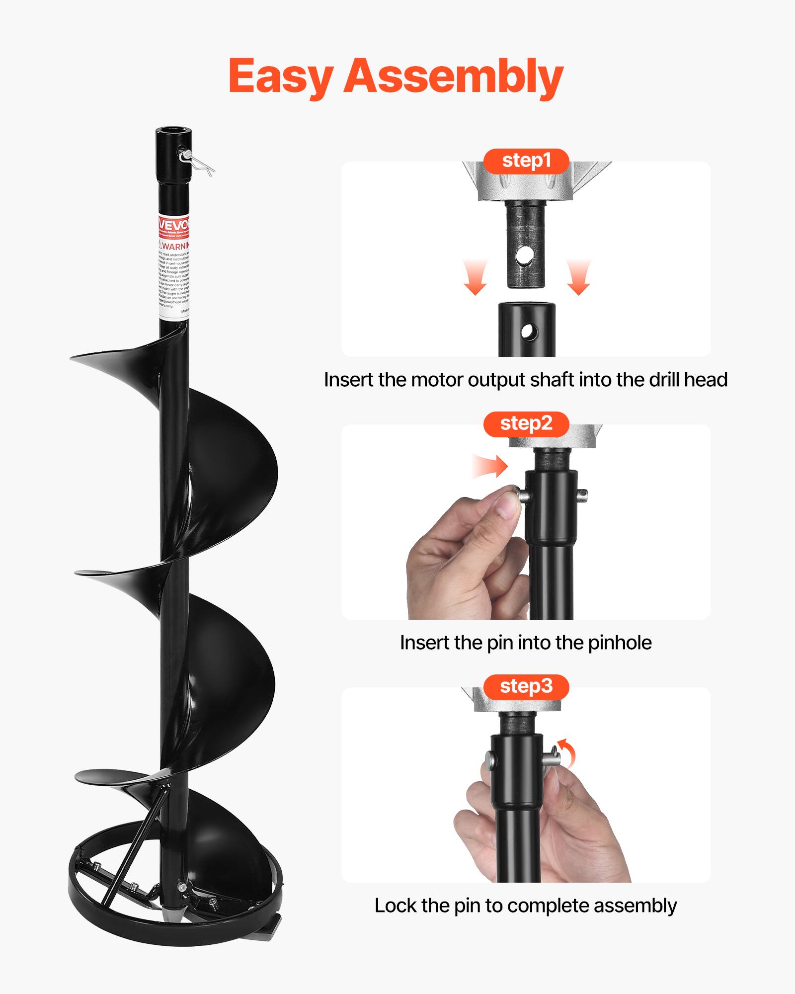 Easy Assembly

step1  
Insert the motor output shaft into the drill head

step2  
Insert the pin into the pinhole

step3  
Lock the pin to complete assembly