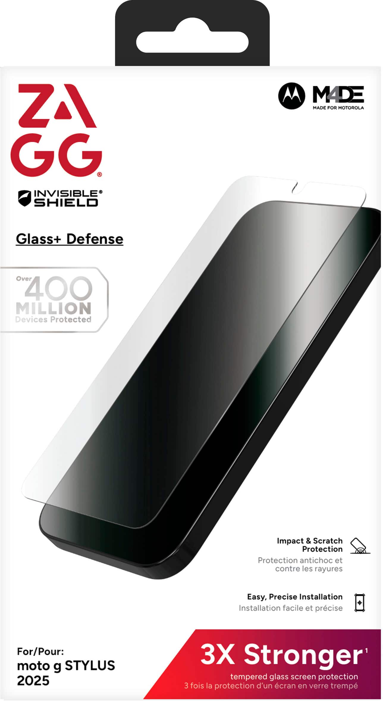 ZAGG GG Invisible Shield Made for Motorola Glass+ Defense Over 400 Million Devices Protected Impact & Scratch & Protection Antichoc et contre les rayures Easy, Precise Installation For/Pour: moto g STYLUS 2025 3X Stronger tempered glass screen protection 3 fois la protection d'un cran en verre tremp