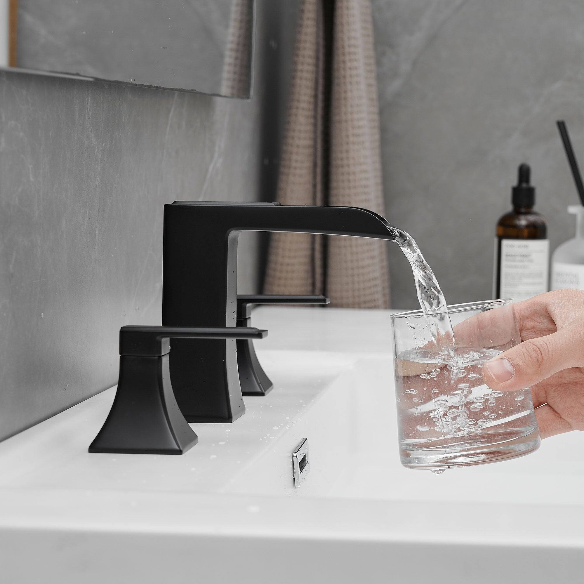 Alt View 5. Boyel Living - Modern 8 Inch Widespread Double Handle Brass Bathroom Faucet with Pop Up Drain and Water Supply Hoses in Matte Black - Matte Black.