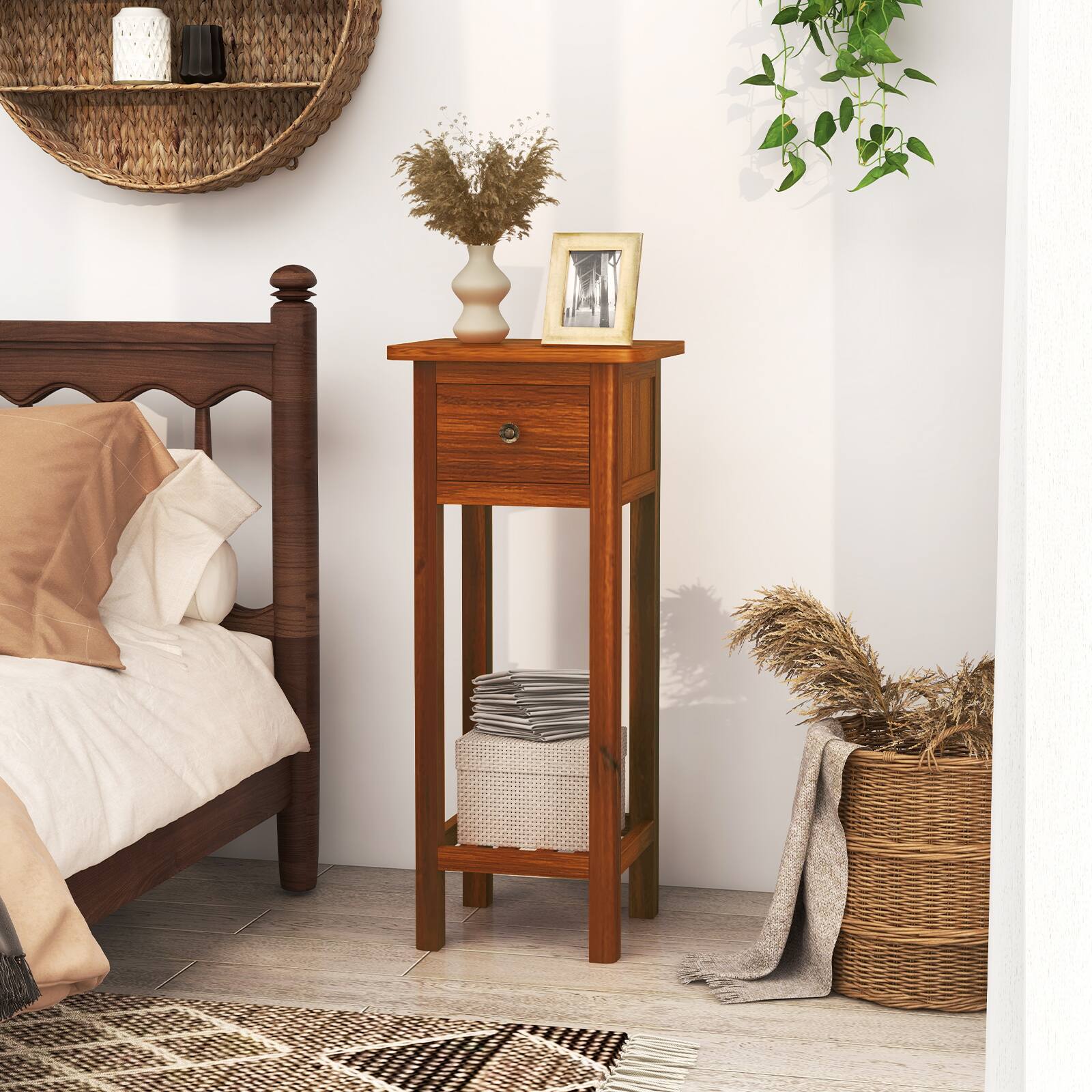 Alt View 8. Ecooso - 2-Tier Slim Bedside Table with Drawer and Shelf for Bedroom Storage - Natural.