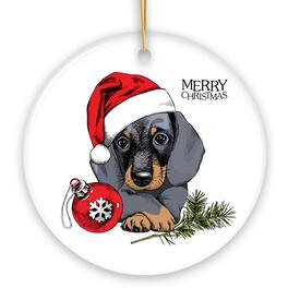 OrnamentallyYou - Dachshund Christmas Ornament Cute Dog with Santa Hat Circle Version - Multi-colored