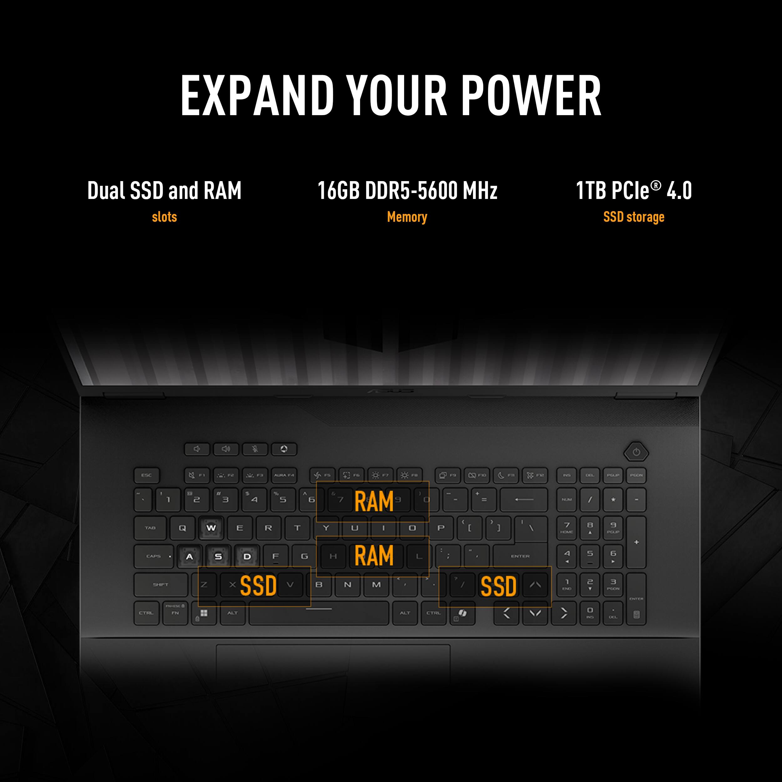 EXPAND YOUR POWER

Dual SSD and RAM slots
16GB DDR5-5600 MHz Memory
1TB PCIe 4.0 SSD storage