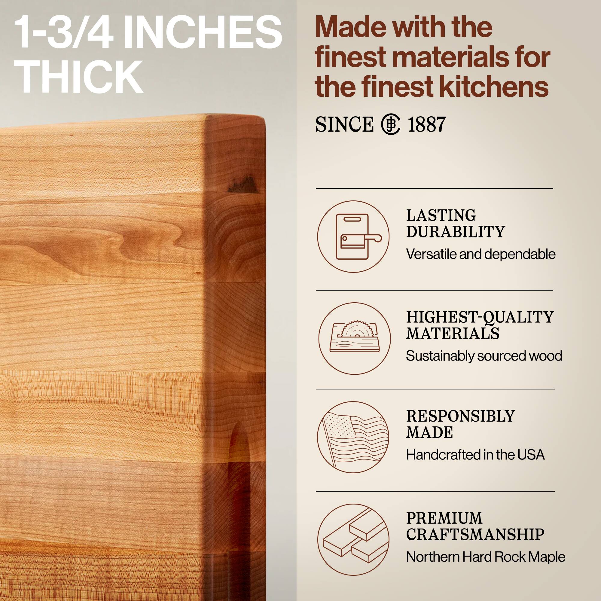 1-3/4 INCHES THICK

Made with the finest materials for the finest kitchens SINCE 1887

LASTING DURABILITY
Versatile and dependable

HIGHEST-QUALITY MATERIALS
Sustainably sourced wood

RESPONSIBLY MADE
Handcrafted in the USA

PREMIUM CRAFTSMANSHIP
Northern Hard Rock Maple