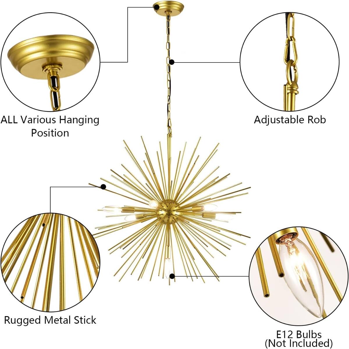 ALL Various Hanging Position  
Adjustable Rob  
Rugged Metal Stick  
E12 Bulbs (Not Included)