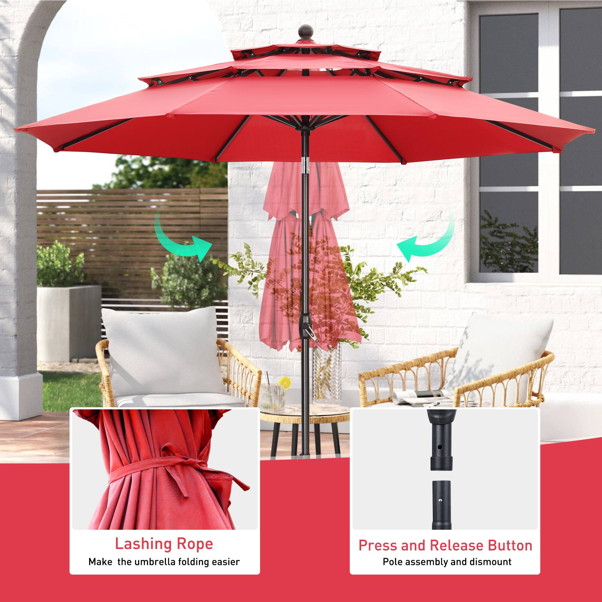 Lashing Rope  
Make the umbrella folding easier  

Press and Release Button  
Pole assembly and dismount