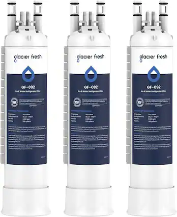 glacier fresh
GF-092 Ice & Water Refrigerator Filter Replace every 6 months
NSF
This Filter is Tested and Certified by NSF International to meet structural integrity requirements.
COMPONENT
Operating Parameters
Temperature 33°F-100°F
Working Pressure 30 psi - 100 psi
Flow Rate 0.528 gpm
Capacity 200 gallons
Instructions
To reduce the risk of property damage due to water leakage, you must follow the installation and user instructions before changing the filter.
Do not use changed filter every 6 months.
Do not use water that is microbiologically unsafe or unchlorinated water, or other supplies unless the system is properly disinfected, or other supplies are microbiologically safe.
Failure to follow these instructions and user instructions may expose you to contaminants.