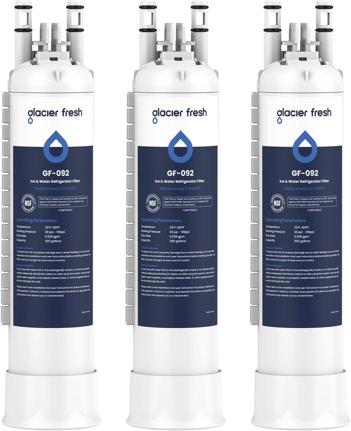 glacier fresh  
GF-092 Ice & Water Refrigerator Filter Replace every 6 months  
NSF  
This Filter is Tested and Certified by NSF International to meet structural integrity requirements.  
COMPONENT  
Operating Parameters  
Temperature 33°F-100°F  
Working Pressure 30 psi - 100 psi  
Flow Rate 0.528 gpm  
Capacity 200 gallons  
Instructions  
To reduce the risk of property damage due to water leakage, you must follow the installation and user instructions before changing the filter.  
Do not use changed filter every 6 months.  
Do not use water that is microbiologically unsafe or unchlorinated water, or other supplies unless the system is properly disinfected, or other supplies are microbiologically safe.  
Failure to follow these instructions and user instructions may expose you to contaminants.