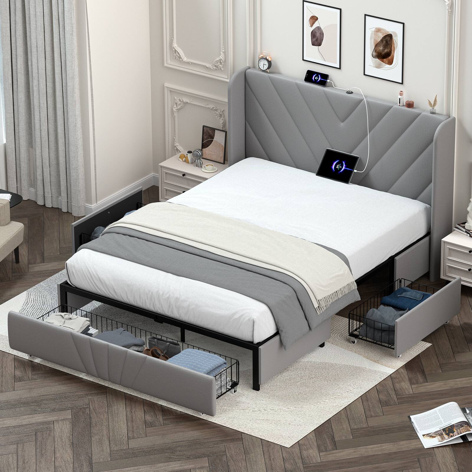 Angle. CloudRest Pro - Queen Upholstered Platform Bed Frame with USB,Type-C Ports,Side Drawers and Oversize Footboard Storage,Grey - Grey.