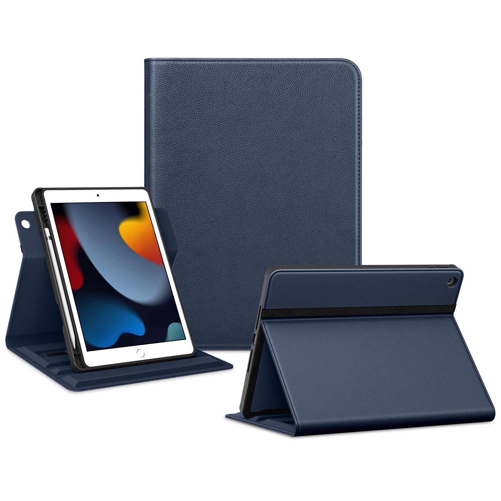 DTTO - Rotating Case for iPad 9th/8th/7th Gen 10.2", Leather Folio with Pencil Holder, 360° Stand, Hand & Close Straps - Navy Blue