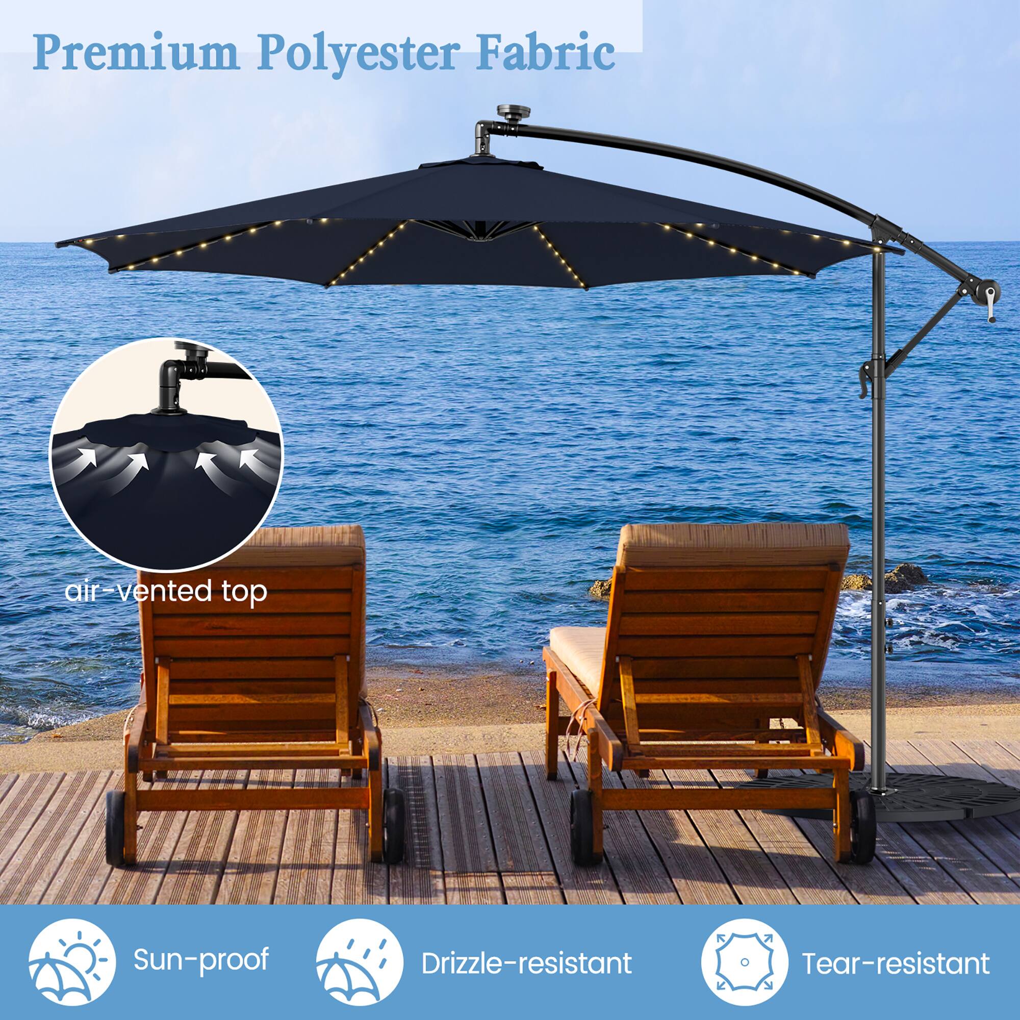 Premium Polyester Fabric, air vented top, Sun-proof, Drizzle-resistant, Tear-resistant