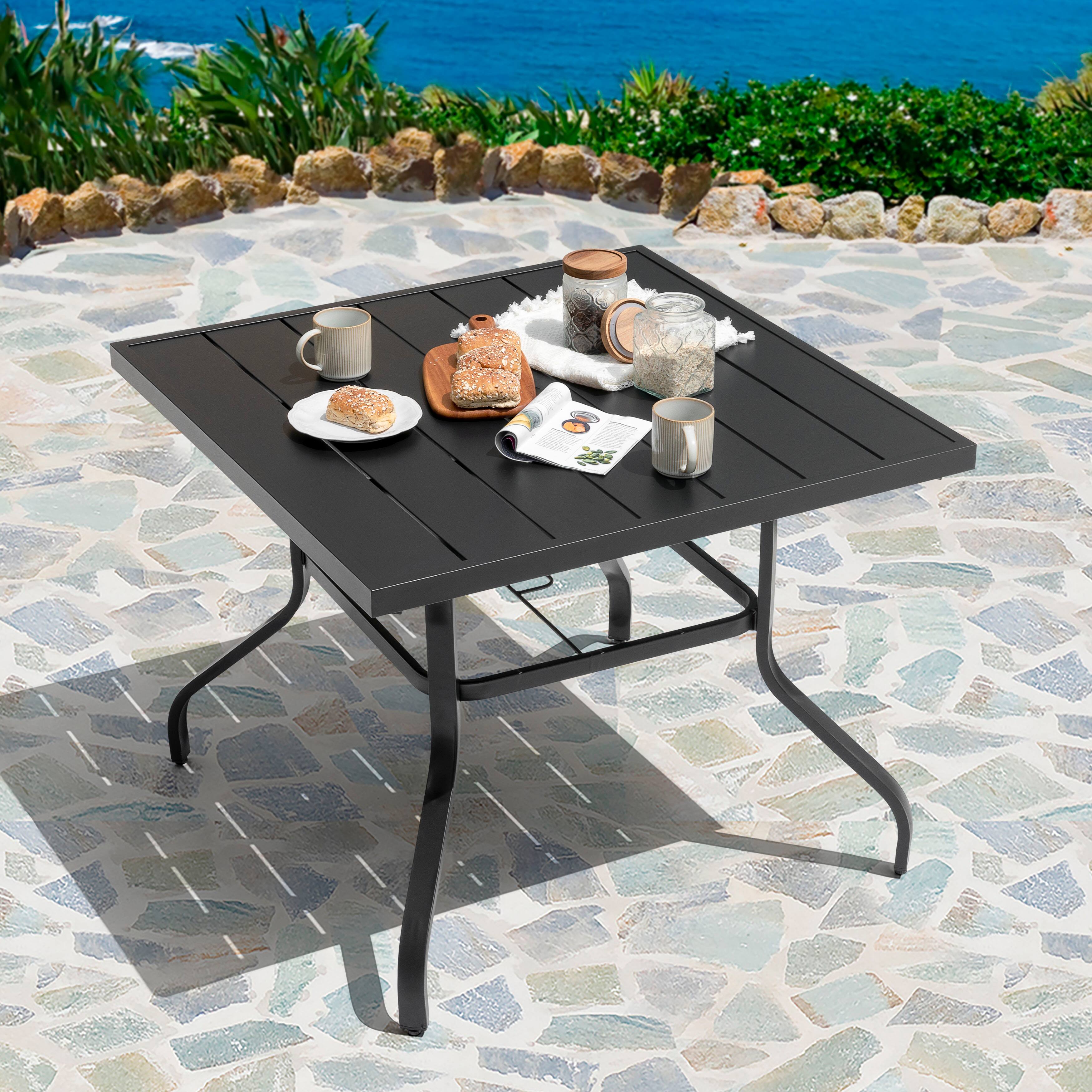Alt View 6. Nuu Garden - 37" Square Outdoor Dining Table, Slatted Iron Tabletop with 1.6" Umbrella Hole - Black.