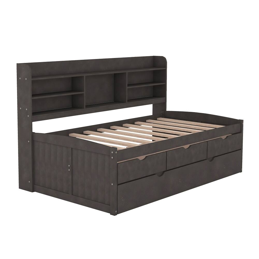Alt View 7. Loheer - Loheer Twin Captain Bed with Trundle and Storage Drawers Antique Brown - Antique Brown.