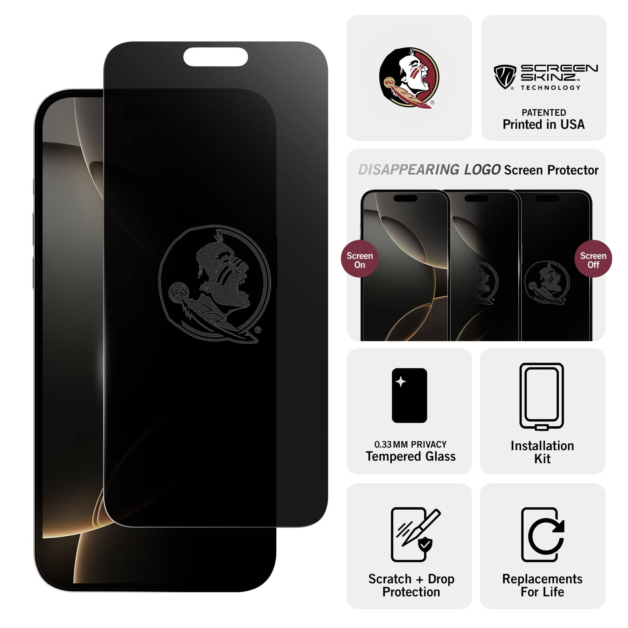 SCREEN SKINZ 1 TECHNOLOGY  
PATENTED Printed in USA  
DISAPPEARING LOGO Screen Protector  
Screen On  
Screen Off  
0.33MM PRIVACY Tempered Glass  
Installation Kit  
Scratch + Drop Protection  
Replacements For Life