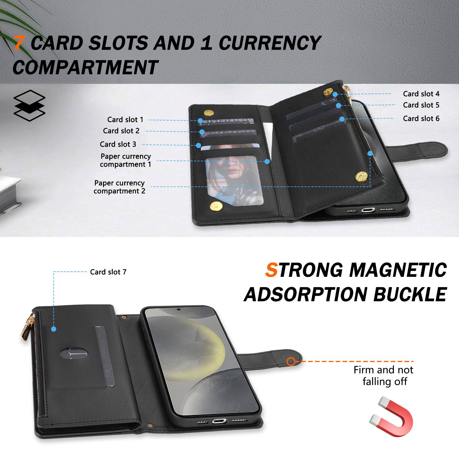 7 CARD SLOTS AND 1 CURRENCY COMPARTMENT

Card slot 1
Card slot 2
Card slot 3
Paper currency compartment 1
Paper currency compartment 2

Card slot 4
Card slot 5
Card slot 6

Card slot 7

STRONG MAGNETIC ADSORPTION BUCKLE

Firm and not falling off