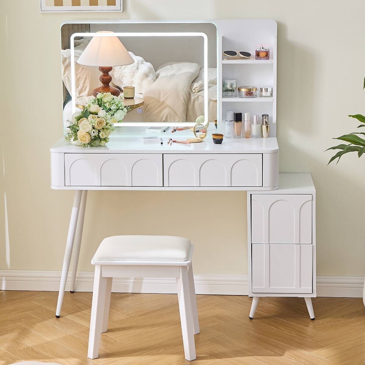 Alt View 1. Loheer - Loheer Makeup Vanity Desk with LED Mirror, White Vanity Table with Stool, Adjustable Length Design - White.