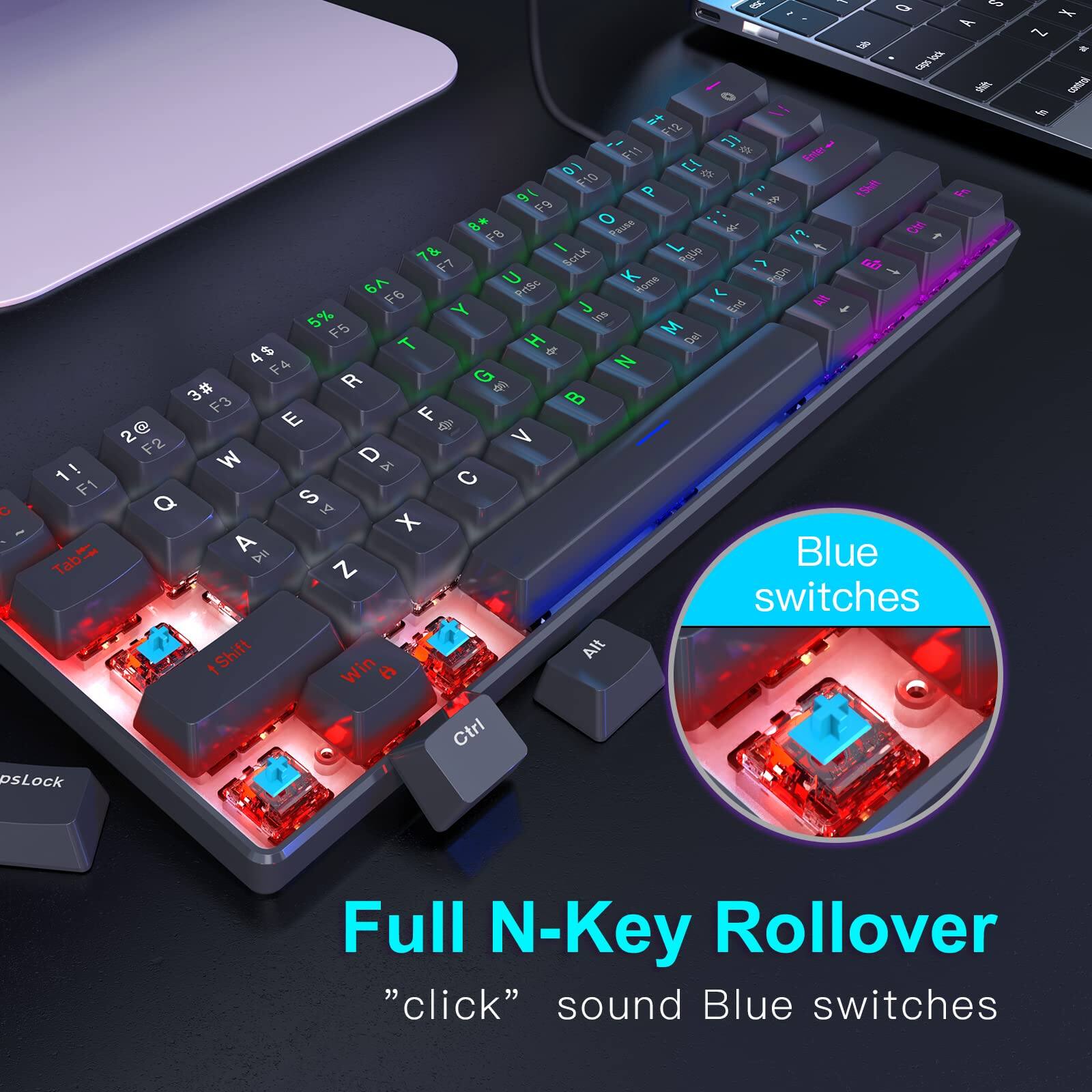 Sure, here is the corrected and grouped text from the image:

---

**Full N-Key Rollover**  
"click" sound Blue switches

Blue switches

---

**Keyboard Layout:**

- Top Row: `Esc`, `F1`, `F2`, `F3`, `F4`, `F5`, `F6`, `F7`, `F8`, `F9`, `F10`, `F11`, `F12`
- Second Row: `1`, `2`, `3`, `4`, `5`, `6`, `7`, `8`, `9`, `0`, `-`, `=`, `Backspace`
- Third Row: `Tab`, `Q`, `W`, `E`, `R`, `T`, `Y`, `U`, `I`, `O`, `P`, `[`, `]`, `\`
- Fourth Row: `Caps Lock`, `A`, `S`, `D`, `F`, `G`, `H`, `J`, `K`, `L`, `;`, `'`, `Enter`
- Fifth Row: `Shift`, `Z`, `X`, `C`, `V`, `B`, `N`, `M`, `,