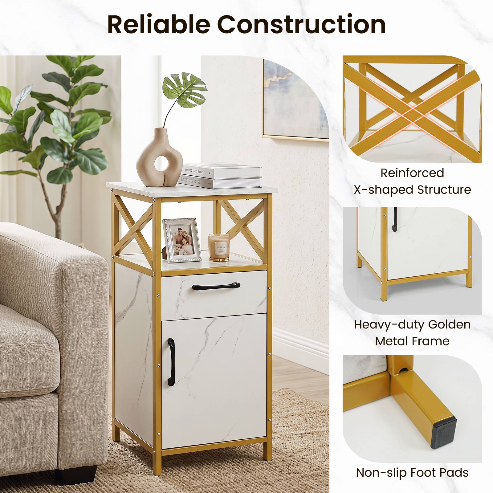 Reliable Construction

- Reinforced X-shaped Structure
- Heavy-duty Golden Metal Frame
- Non-slip Foot Pads