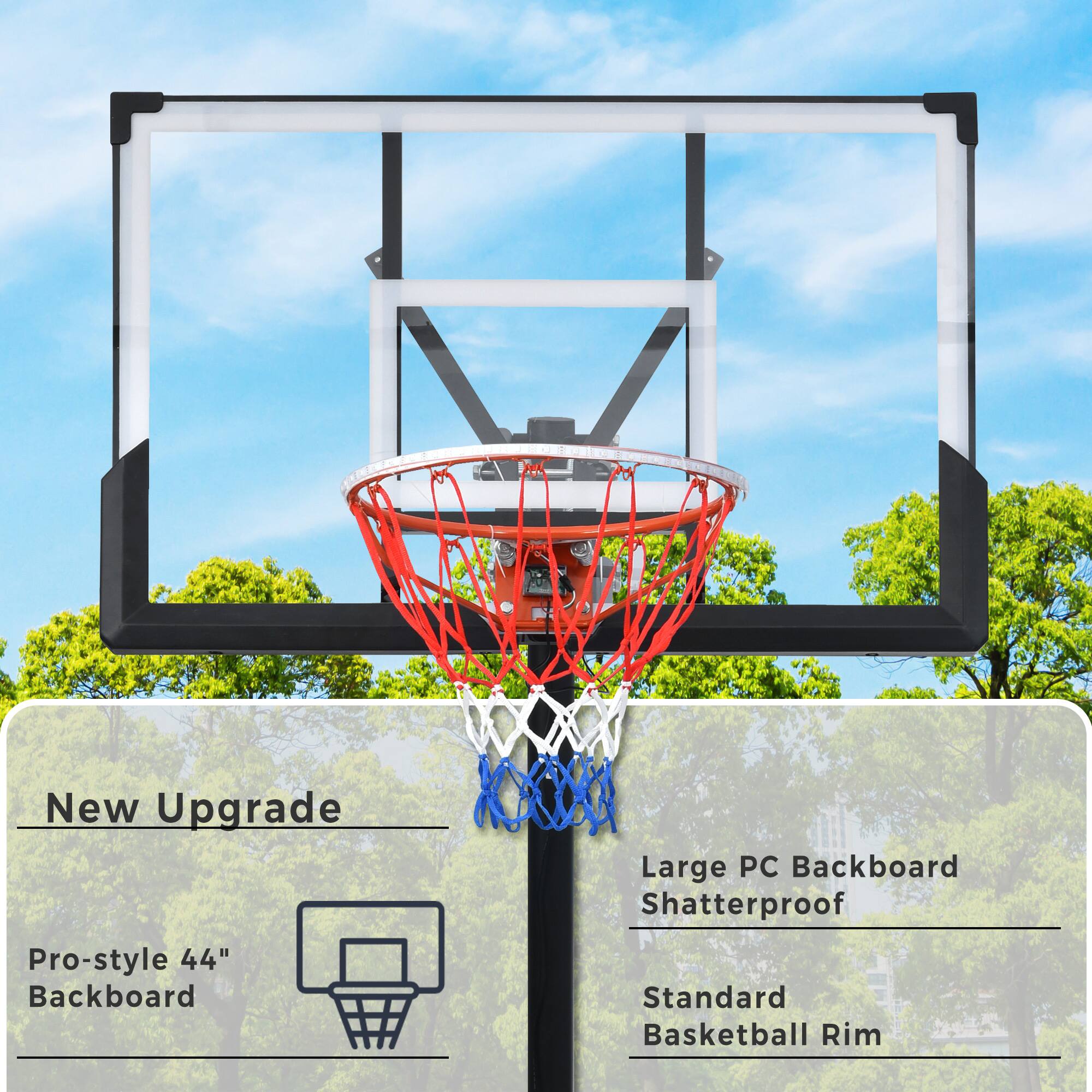 New Upgrade

Pro-style 44" Backboard

Large PC Backboard Shatterproof

Standard Basketball Rim