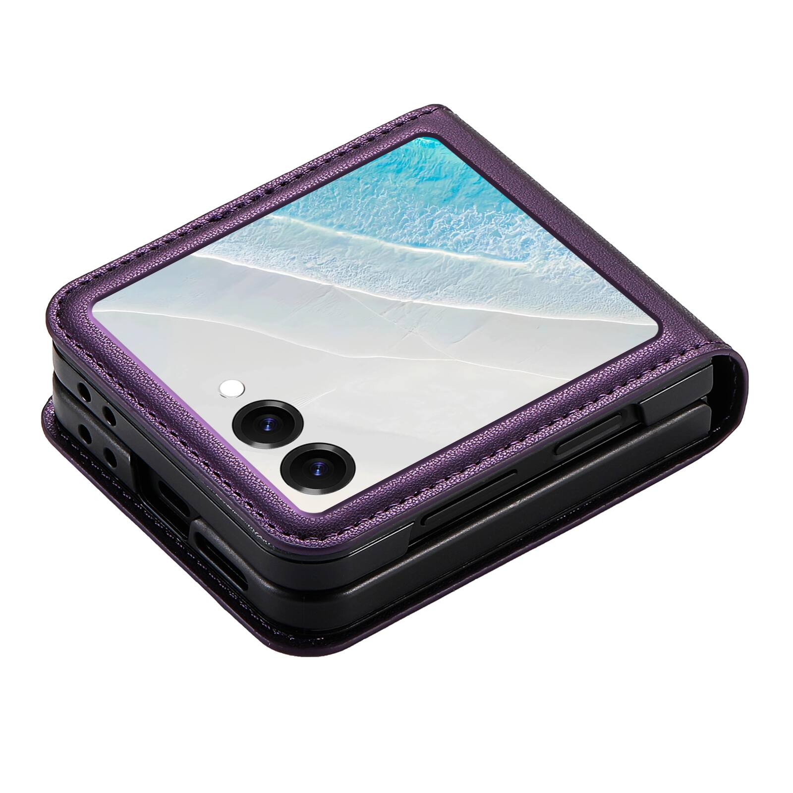 Angle. Dteck - Wallet Case for Samsung Galaxy Z Flip8, Premium Leather Shockproof Slim Cover with Card Slot - Purple.