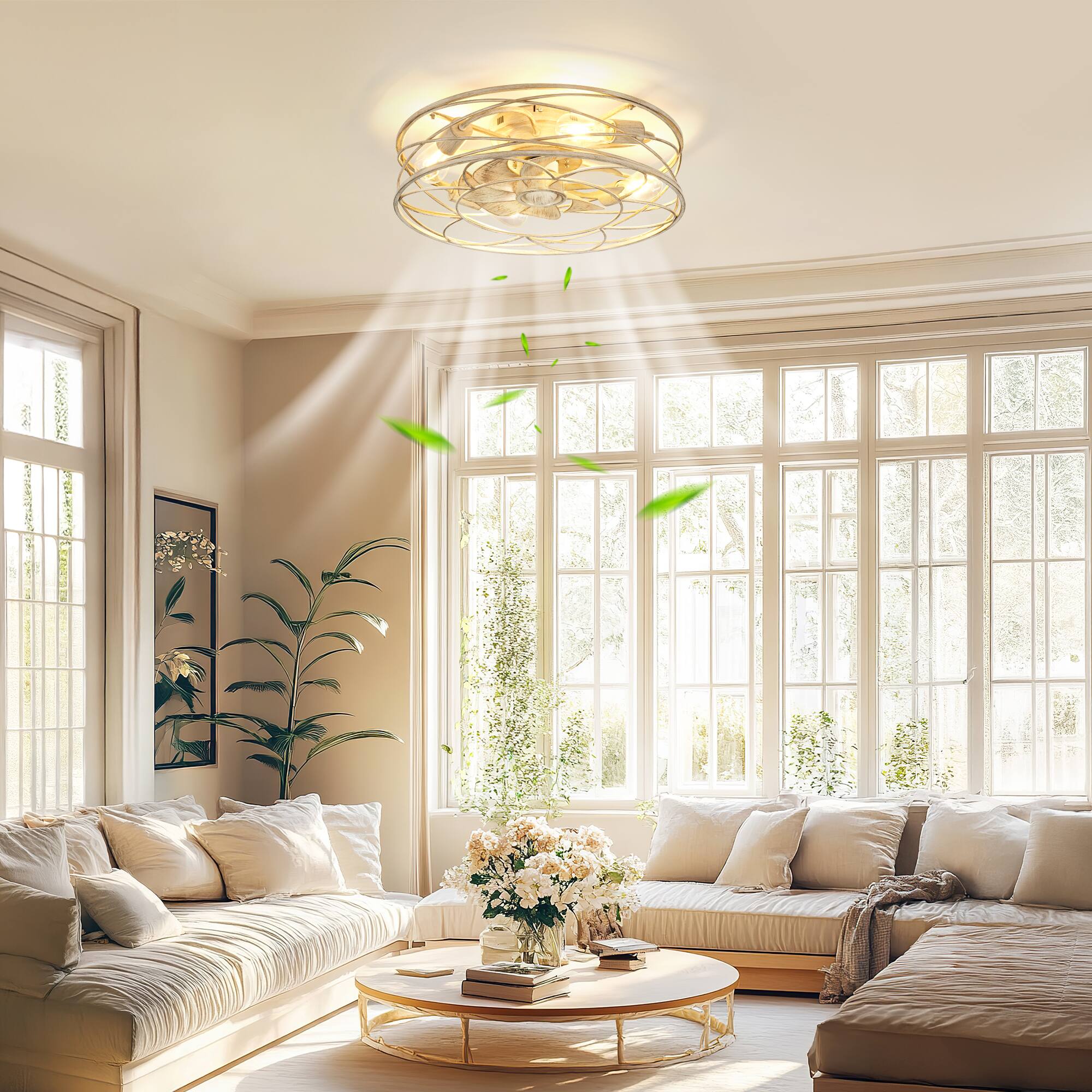 Angle. JAZAVA - 20-Inch White and Gold Low Profile Indoor Ceiling Fan with Light, 100-240V - White and Gold.