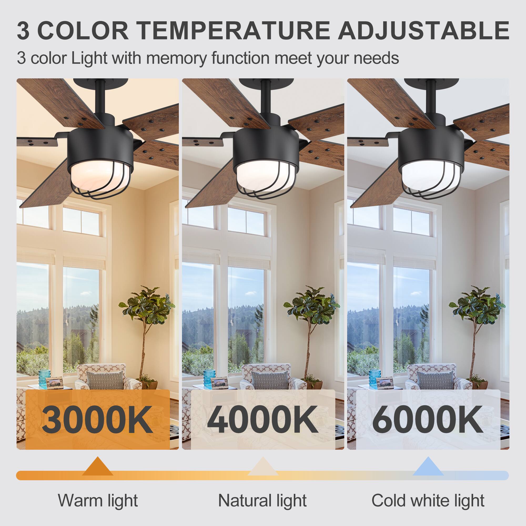 3 COLOR TEMPERATURE ADJUSTABLE  
3 color Light with memory function meet your needs  

3000K  
Warm light  

4000K  
Natural light  

6000K  
Cold white light