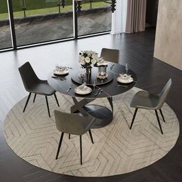 POVISON - 51" Modern Black Round Dining Table for 6 with Lazy Susan, Matte Sintered Stone Tabletop, Black X Carbon Steel Base - Black Matte Sintered Stone with Black