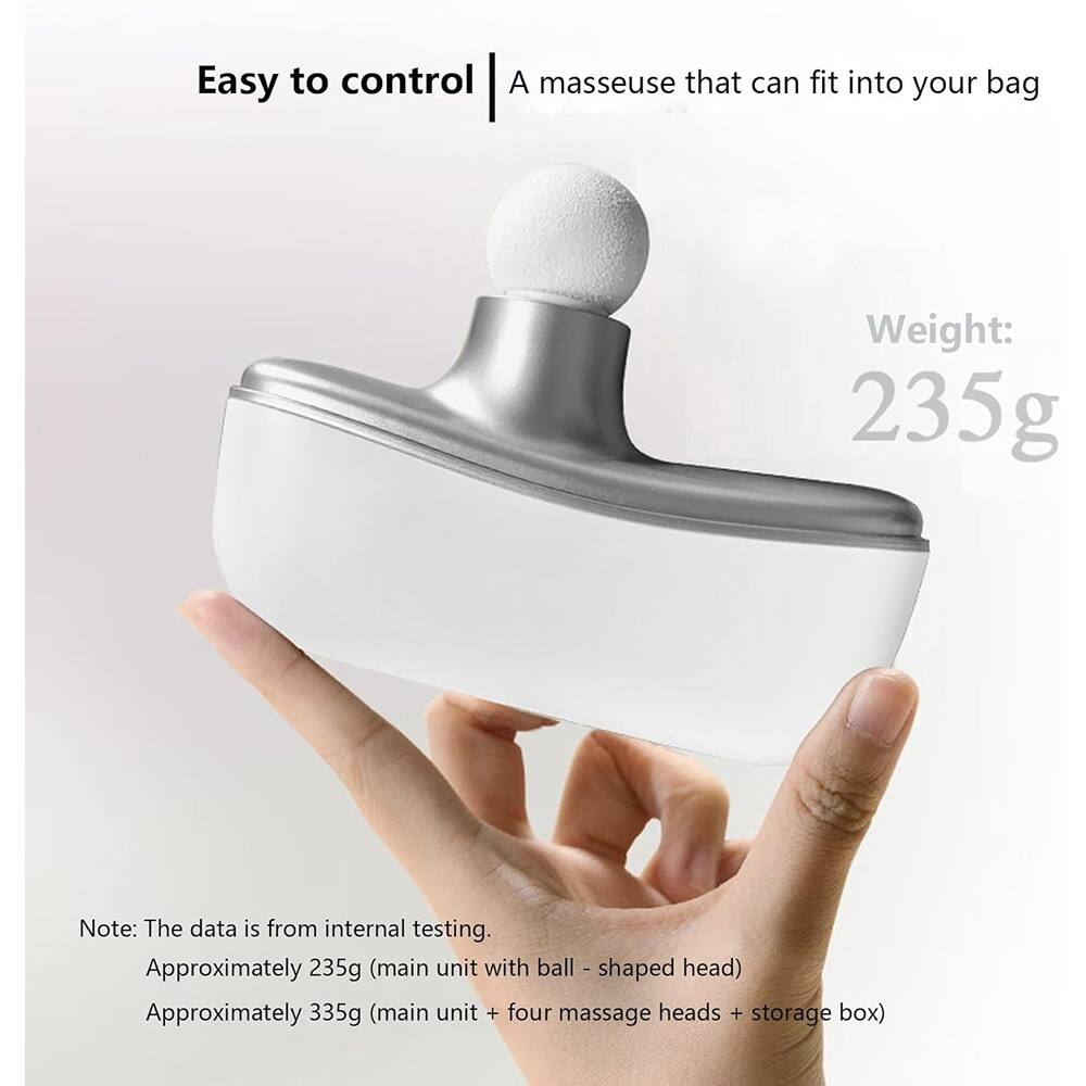 Easy to control | A masseuse that can fit into your bag

Weight: 235g

Note: The data is from internal testing.
Approximately 235g (main unit with ball-shaped head)
Approximately 335g (main unit + four massage heads + storage box)