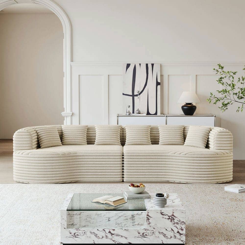 Front. Kadyn - 106.3" Curved Sectional Sofa, 4-Seater Corduroy Cloud Couch with 6 Pillows and Memory Foam - Beige.