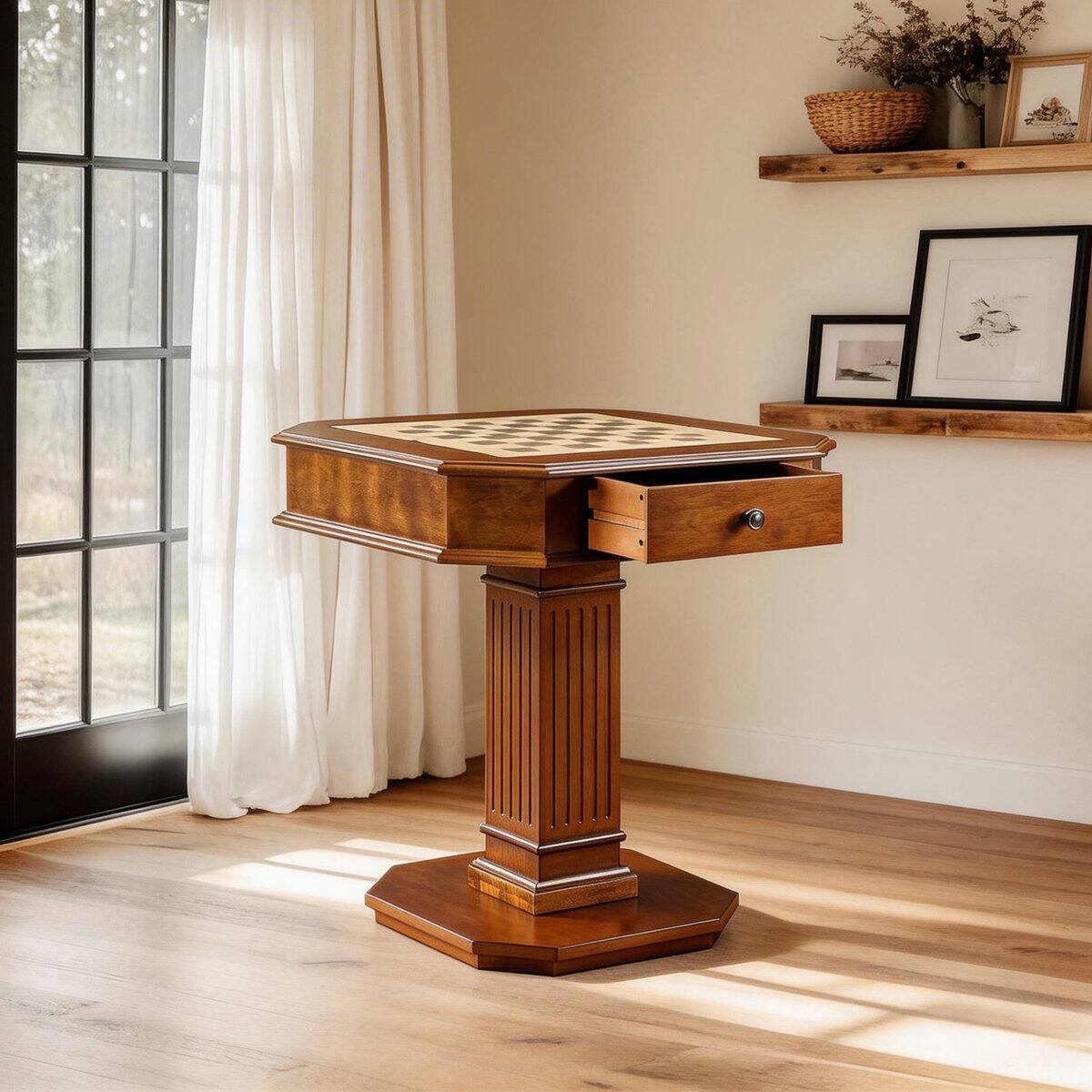 Angle. Bothwa Home - Wood Pedestal Game Table with Reversible Chess Checkers Backgammon Top and Storage Drawer - Walnut.