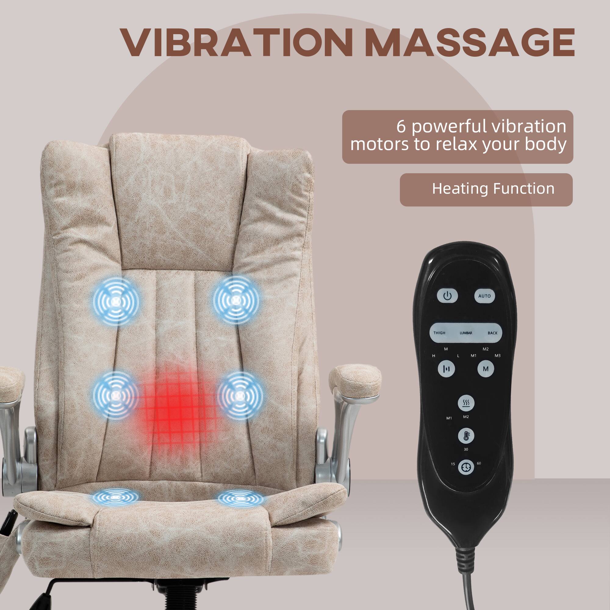 VIBRATION MASSAGE
6 powerful vibration motors to relax your body
Heating Function
AUTO - THIGH - LUMBAR - BACK - M1 - M2 - M3 - M4 - M5 - M6 -