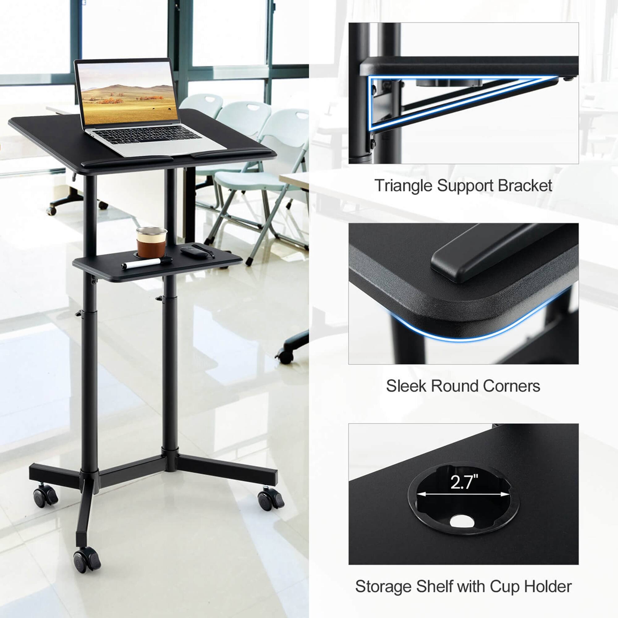 Triangle Support Bracket  
Sleek Round Corners  
2.7"  
Storage Shelf with Cup Holder