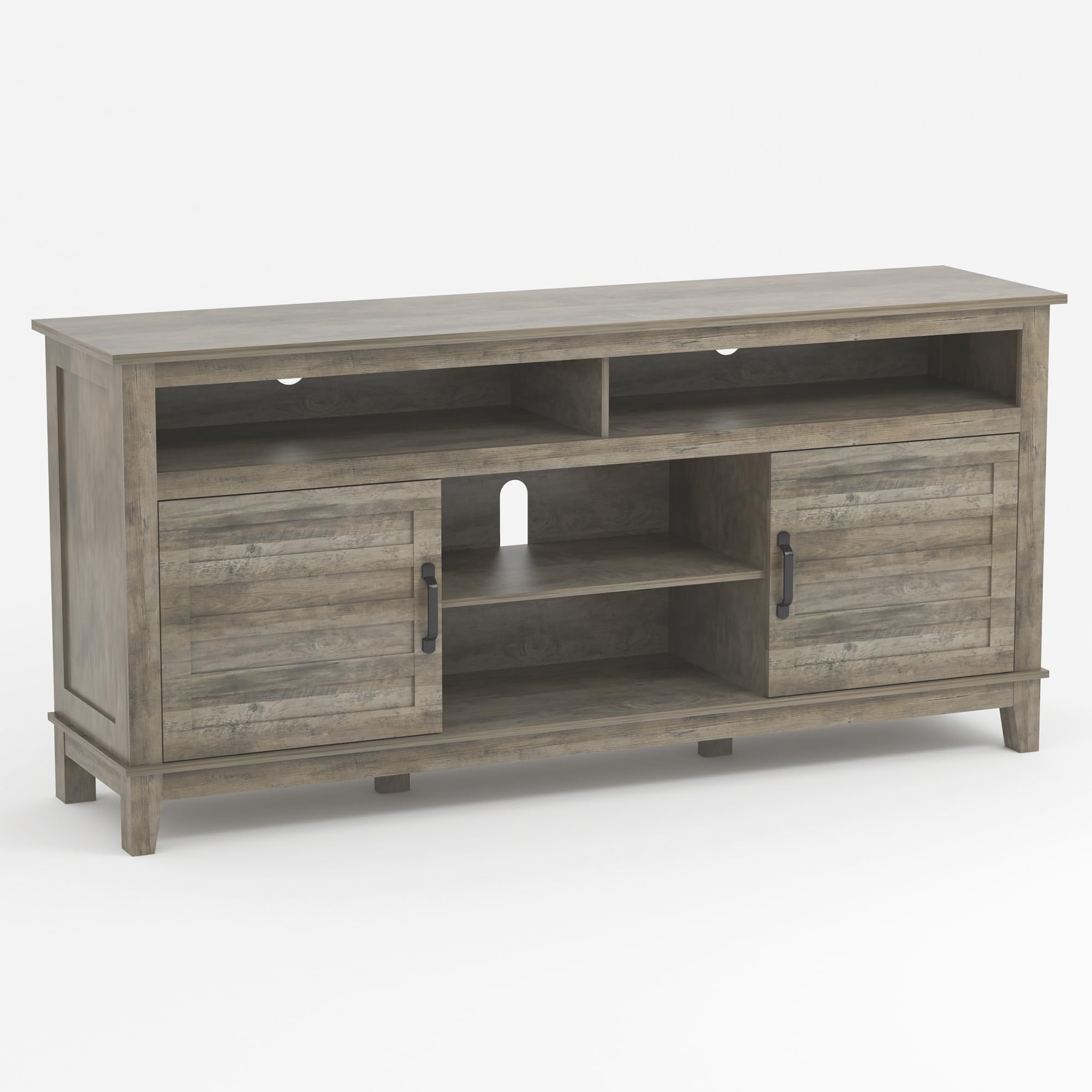 Back. Qeetex - 63" Farmhouse TV Stand for 70 Inch TV, Semi-Open Double Door Cabinet, Adjustable Shelves, 8 Storage Compartments - Gray.