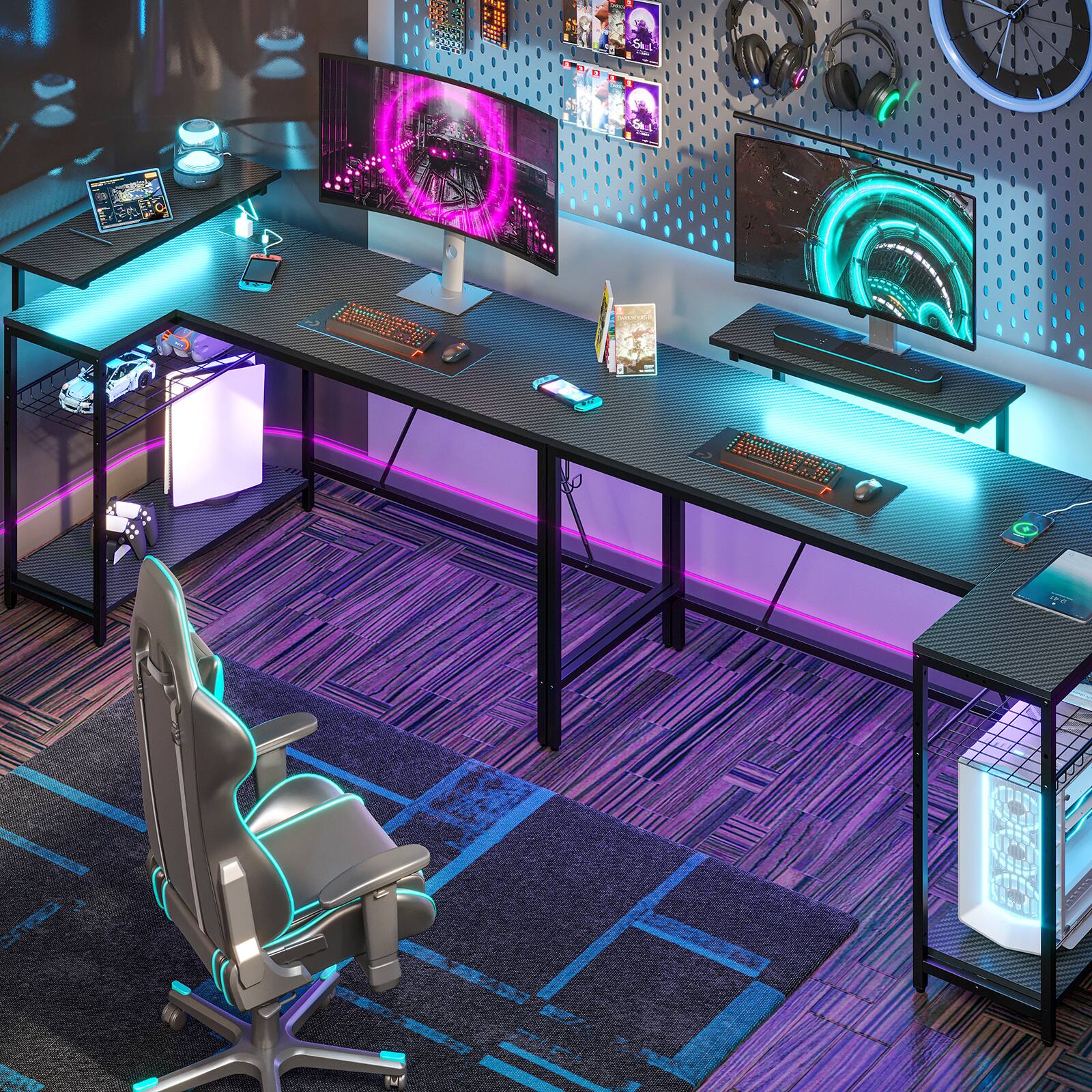 Alt View 16. Bestier - 58inch L-Shaped Gaming Desk with LED Lights with Power Outlet & Monitor Stand Corner - Black Carbon Fiber.