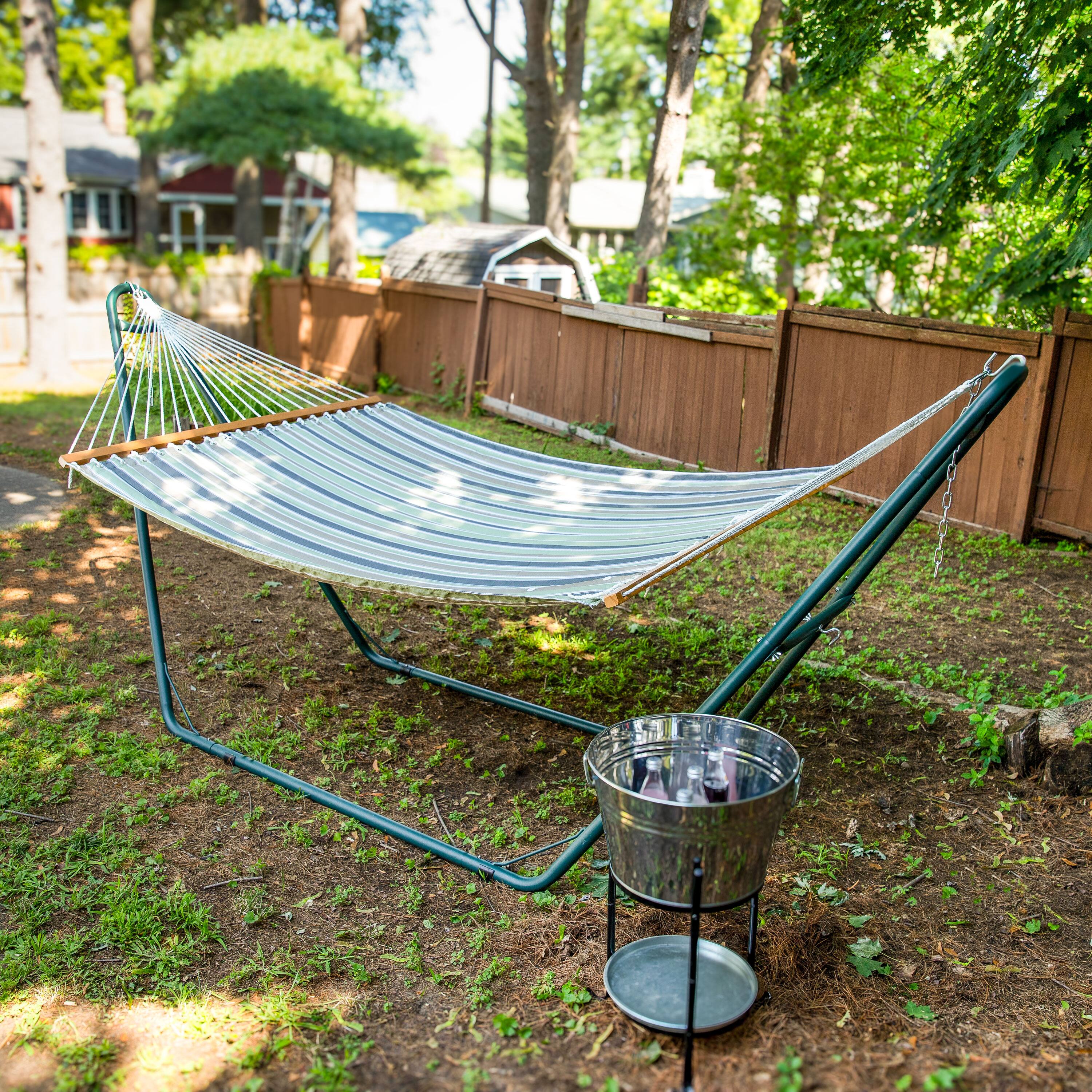 Alt View 7. Sunnydaze - Large Quilted Hammock with Spreader Bar and Pillow - Khaki Stripe.